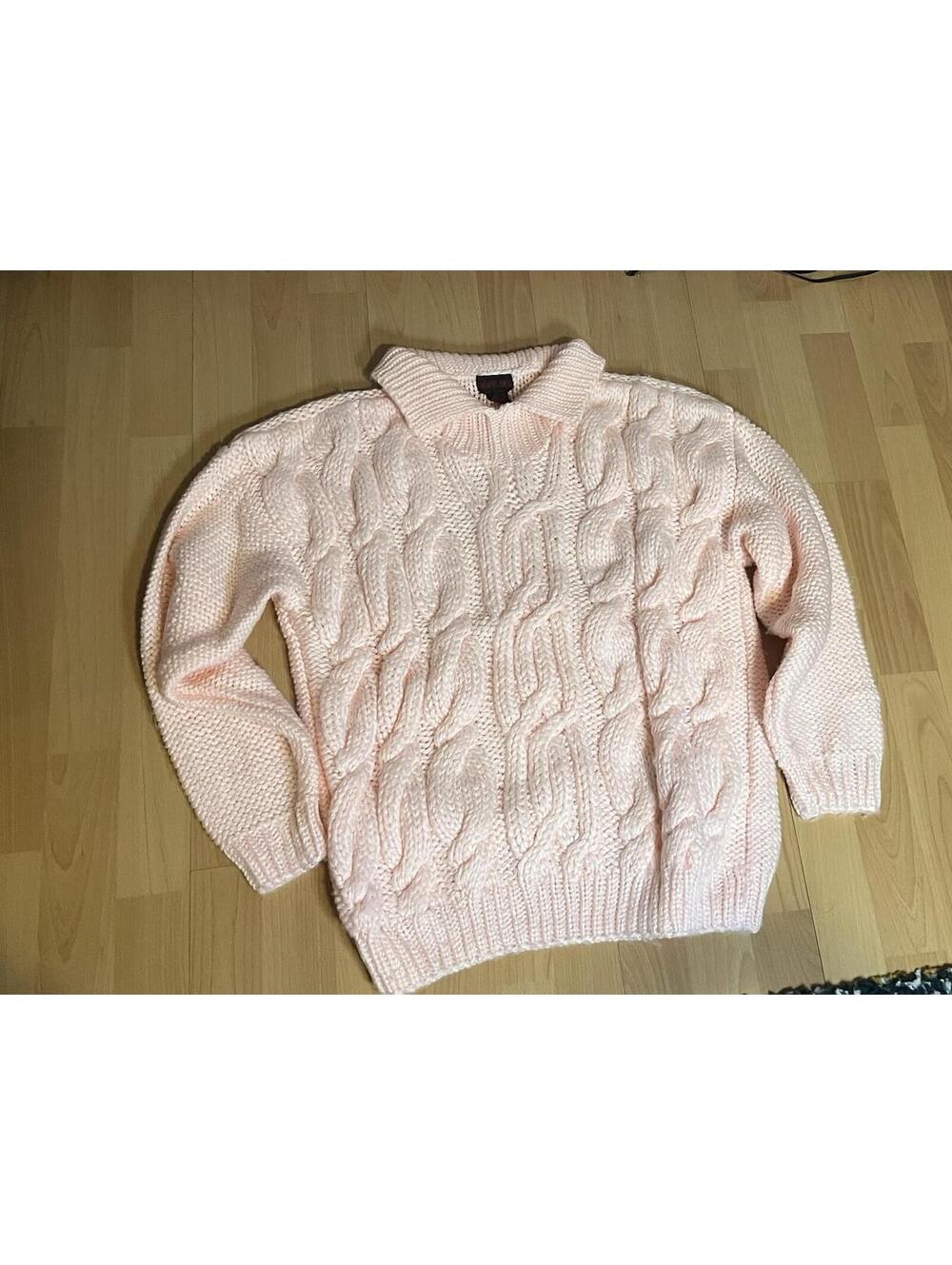 Vintage 90s Sweater Cable Knit Chunky Women’s S Pink Ribbed Polo Collared Preppy
